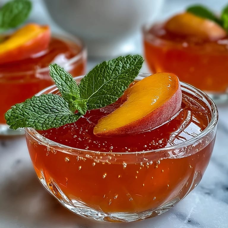 Elegant Peach Bellini Jello Cups garnished with fruit, ready to chill.