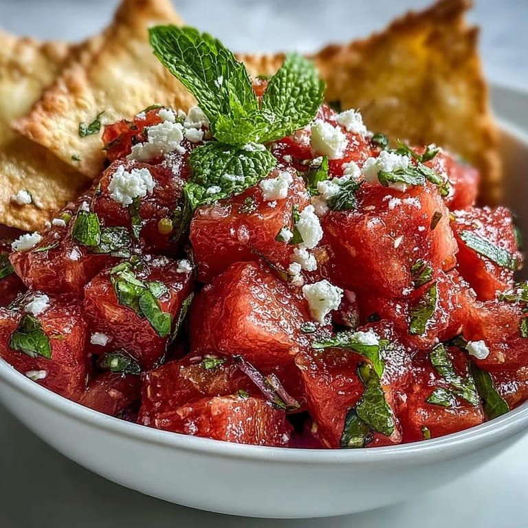 Bright watermelon feta salsa topped with mint, served alongside golden pita chips.