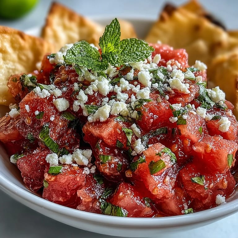 Sweet and salty watermelon feta salsa glistening