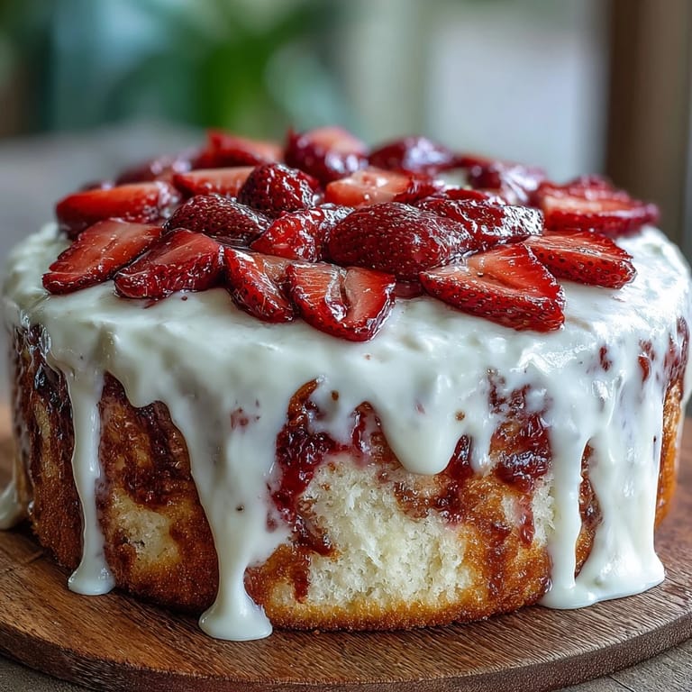 Juicy strawberry topping crowning a moist Strawberry Horchata Tres Leches Cake.