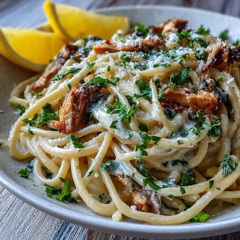 Close-up of rich lemon sardine pasta with a garnish of vibrant green parsley.