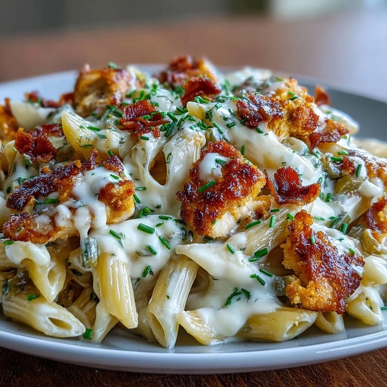 Tender chicken pasta in a spicy jalapeño cheese sauce, ready to serve.