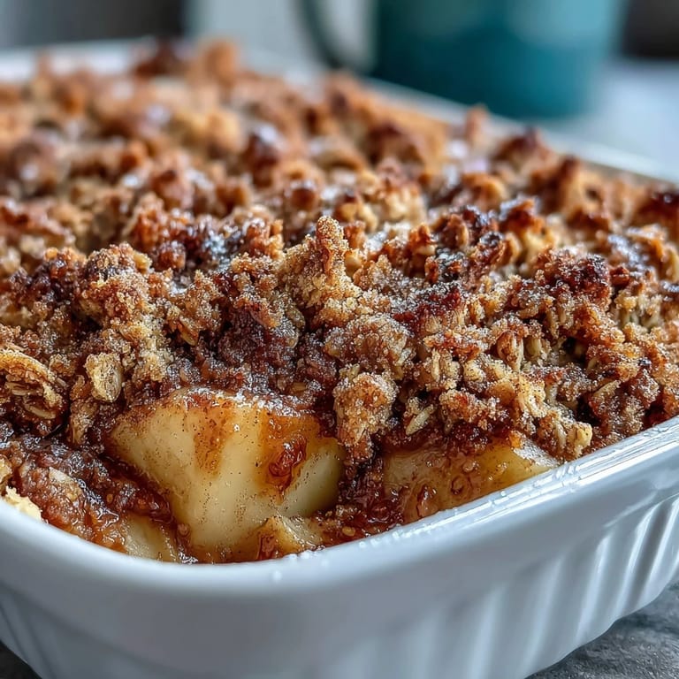 Warm Cinnamon Apple Crumble Pancake Bake, a layered breakfast casserole.