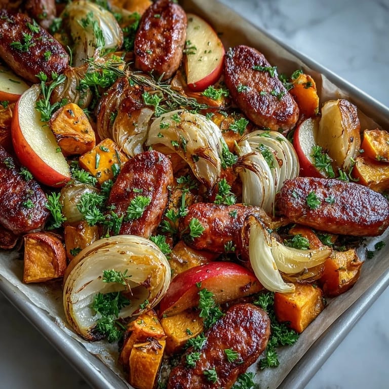 Tender Sausage Apple Sweet Potato Sheet Pan, a colorful and fragrant autumnal meal.