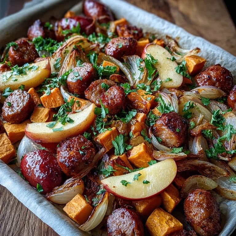 Hearty Sausage Apple Sweet Potato Sheet Pan bake, perfect for a simple weeknight supper.
