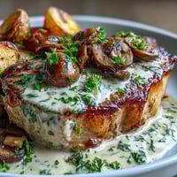 Golden-brown Keto Creamy Mushroom Pork Chops topped with a rich garlic sauce and roasted radishes, served on a rustic plate.