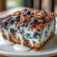 Wholesome blueberry oatmeal bake with Greek yogurt swirl, golden and bubbling with juicy berries and crunchy nuts.