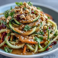 Fresh vegan Thai peanut zucchini noodle salad with crunchy veggie ribbons and creamy peanut dressing, garnished with peanuts and sesame seeds.