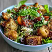 A vibrant sourdough panzanella salad with heirloom tomatoes, crunchy croutons, and fragrant basil vinaigrette, perfect for summer dining.