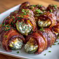 Keto bacon-wrapped zucchini boats filled with creamy herb cheese, baked until golden and crispy for a satisfying low-carb meal.  