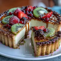 A golden cardamom custard tart with fresh berries and kiwi slices arranged in a vibrant pattern.  