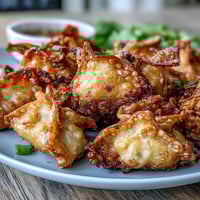 Crispy golden rice paper dumplings stuffed with savory tofu and vegetables, perfect for a vegan appetizer or light meal.  