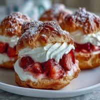 Delicate choux pastry puffs filled with luscious strawberry whipped cream and dusted with powdered sugar for a romantic dessert.