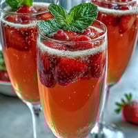 Galentines Brunch Strawberry Bellini Bar with sparkling Prosecco and fresh strawberry purée for a festive celebration.