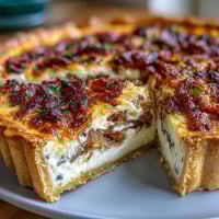 A golden quiche filled with caramelized onions and crispy bacon in a flaky crust, perfect for brunch or dinner.