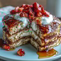 Fluffy cottage cheese strawberry protein pancakes topped with fresh berries for a healthy breakfast.