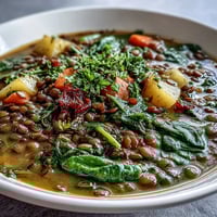 A steaming bowl of Little Sprout Green Lentil Stew with tender carrots and potatoes, simmered to perfection in a fragrant herb broth.  