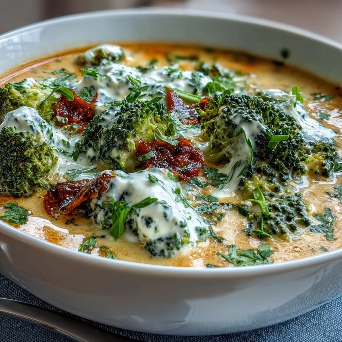 Creamy broccoli cheddar soup lightened with Greek yogurt, topped with extra shredded cheese and served in a white bowl.  