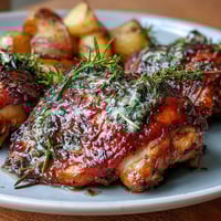 Herb roasted chicken thighs with baby potatoes and carrots, golden and crispy, served on a rustic sheet pan for a cozy family dinner.  