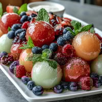 Colorful summer fruit platter with watermelon, cantaloupe, and honeydew balls, served with creamy honey-lime yogurt dip for a refreshing appetizer.  