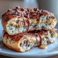 Delicious chocolate chip protein bagels topped with a creamy peanut butter drizzle, perfect for a healthy breakfast or post-workout snack.  