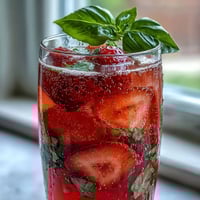 A pitcher of strawberry basil lemonade with fresh strawberries and basil leaves, served over ice with lemon slices for a refreshing spring drink.