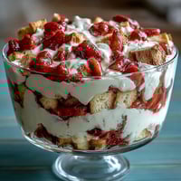 Layered strawberry shortcake trifle with fresh berries and whipped cream, perfect for Mothers Day brunch.
