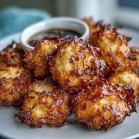 Golden dandelion flower fritters with a light, crispy coating served with a creamy herb dipping sauce.