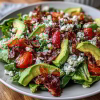 Spring Cobb Salad with Strawberries and Avocado, featuring juicy berries, creamy avocado, and tangy feta on crisp greens.