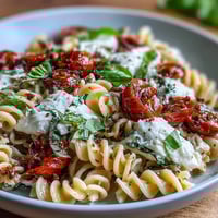 Creamy Caprese pasta with burrata, bursting cherry tomatoes, and fresh basil in a light garlic sauce.  
