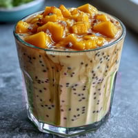 Mango Coconut Chia Smoothie in a glass, garnished with fresh mango slices and a sprinkle of chia seeds, creamy and tropical.