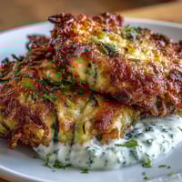 Golden zucchini fritters with feta, crisp on the outside and creamy inside, served with cool yogurt mint dipping sauce.  