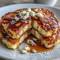 Fluffy lemon ricotta pancakes with golden edges, topped with fresh berries and a dusting of powdered sugar.  