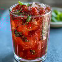 A vibrant glass of strawberry basil mocktail with fresh fruit and fragrant herbs, perfect for a refreshing summer sip.