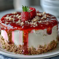 Creamy Mother's Day No-Bake Cheesecake topped with vibrant, glossy raspberry coulis.