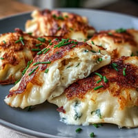 Golden-brown potato and cheese pierogi topped with caramelized onions and sour cream.