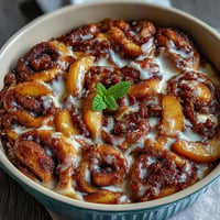 Gooey Peach Cobbler Cinnamon Roll Casserole warm from oven, drizzled with icing.