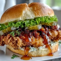 Crispy Hot Honey Chicken Sandwich with a glossy, spicy glaze and pickles.