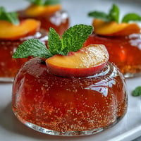 Sparkling Peach Bellini Jello Cups with fresh peach slices, a festive dessert.
