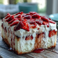Strawberry Horchata Tres Leches Cake layered with creamy horchata and fresh strawberries.