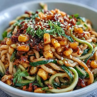 Vibrant Chili Crisp Corn and Cucumber Noodles salad, a refreshing, spicy, and savory Asian fusion dish.